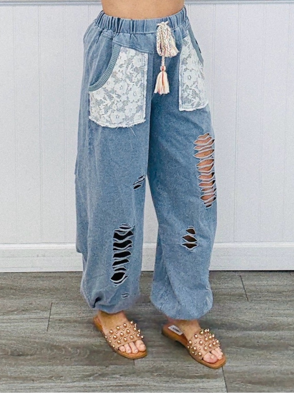 POL Distressed Lace-Pocket Jogger Pants in Light Blue with Cream Tassels